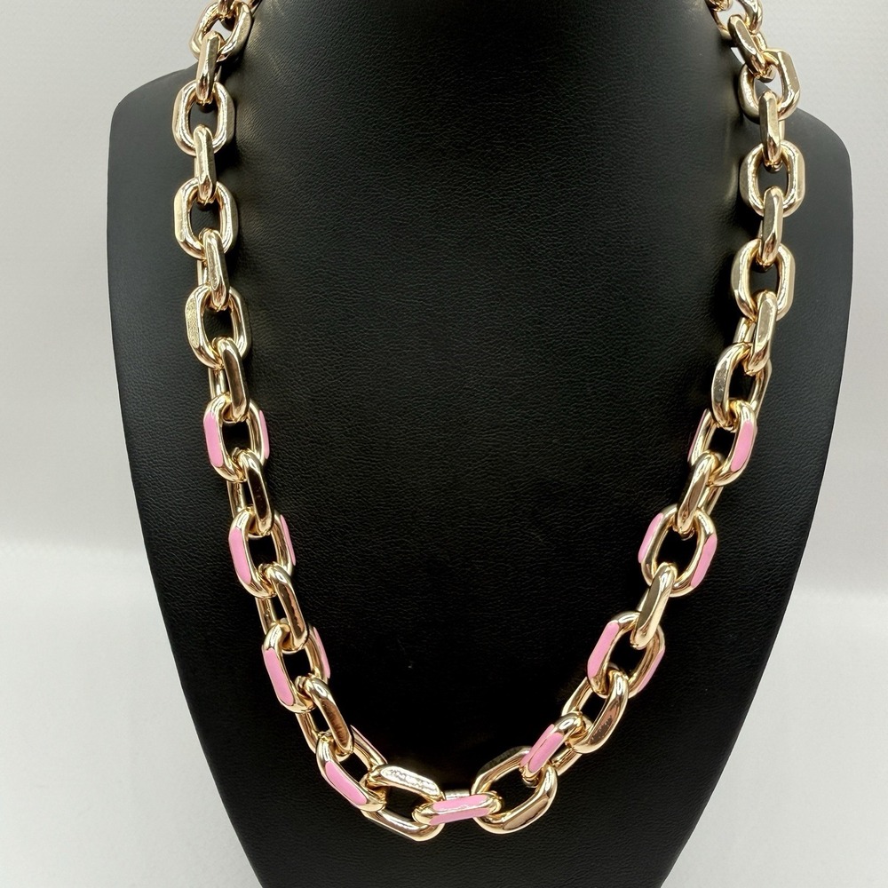 Thalia Sodi Chunky Gold Tone 19" Chain Statement‎ Necklace w/ Pink Enamel
